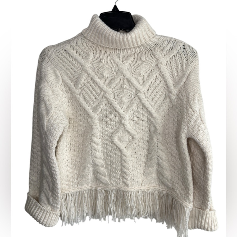 Aqua Fringe Sweater Large Chunky Cowl Neck Ivory Cable Knit Blogger Favorite NEW